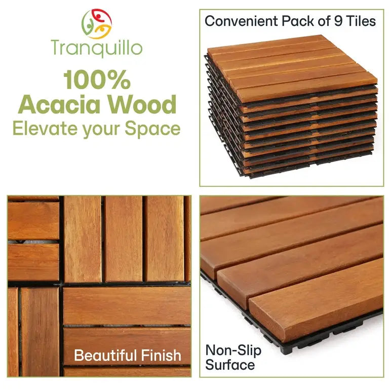 Acacia Deck Tiles - Set of 9 - 6-Slat Interlocking Decking Tiles – Tranquillo Garden or Shower - Indoor & Outdoor
