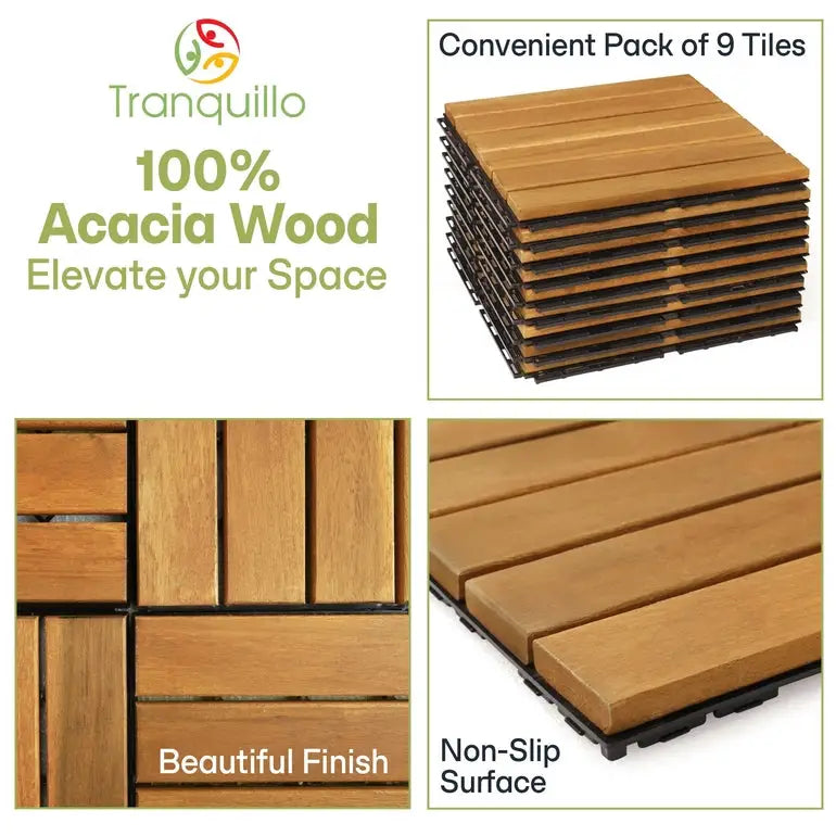 Acacia Deck Tiles - Set of 9 - 6-Slat Interlocking Decking Tiles – Tranquillo Garden or Shower - Indoor & Outdoor