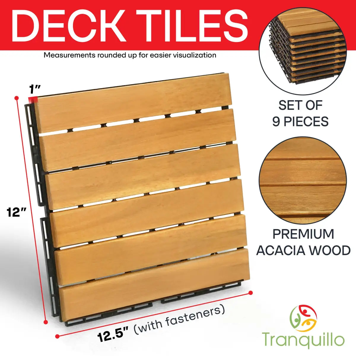 Acacia Deck Tiles - Set of 9 - 6-Slat Interlocking Decking Tiles – Tranquillo Garden or Shower - Indoor & Outdoor