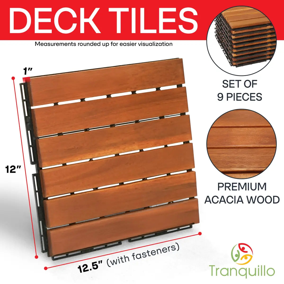 Acacia Deck Tiles - Set of 9 - 6-Slat Interlocking Decking Tiles – Tranquillo Garden or Shower - Indoor & Outdoor