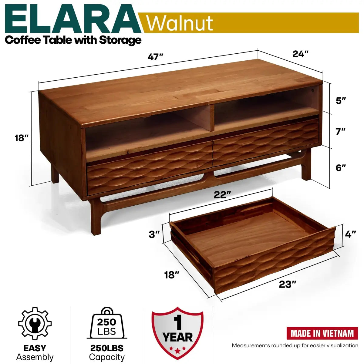 Coffee Table with Drawers & Open Storage - Acacia 48” Rectangular - Megsu