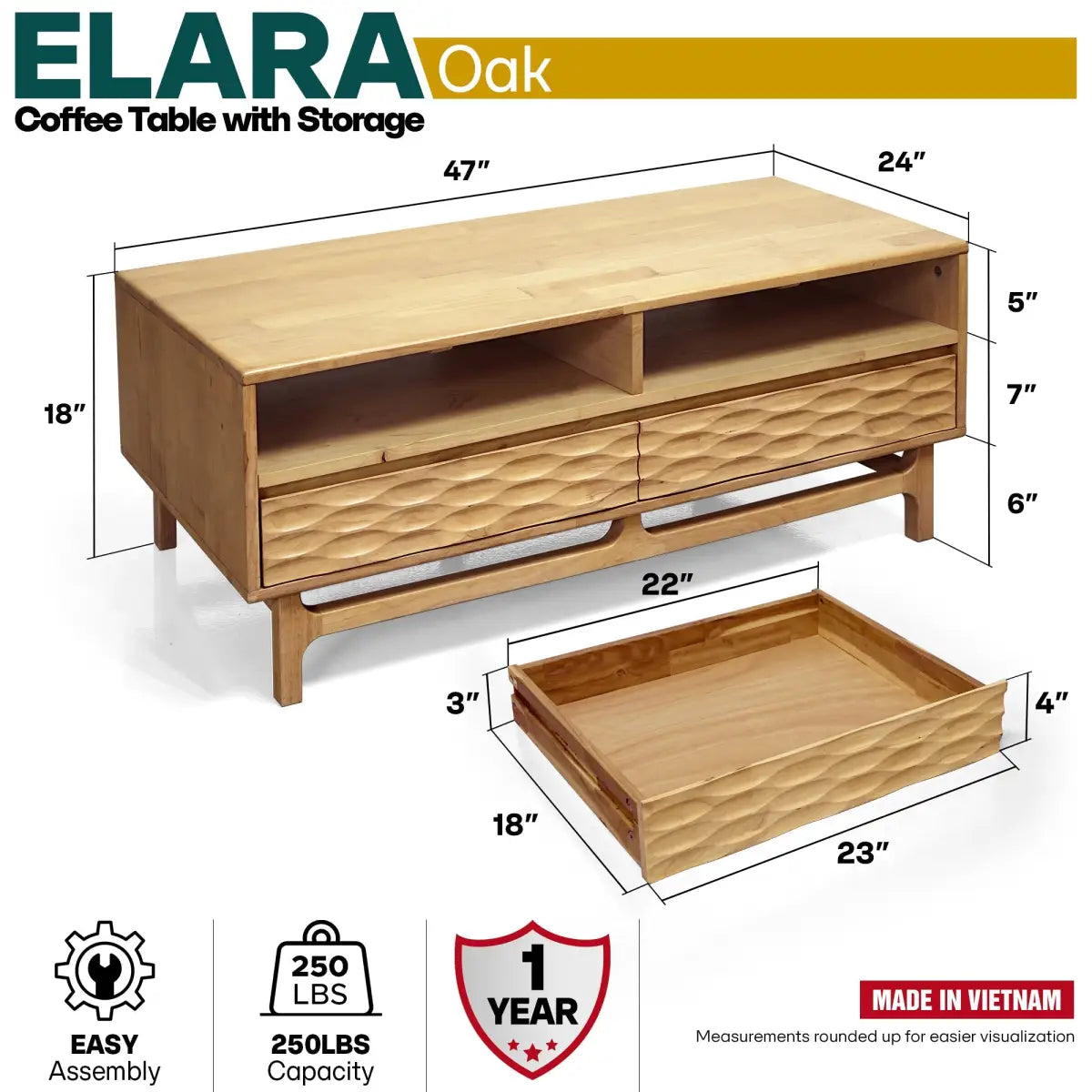 Coffee Table with Drawers & Open Storage - Acacia 48” Rectangular - Megsu
