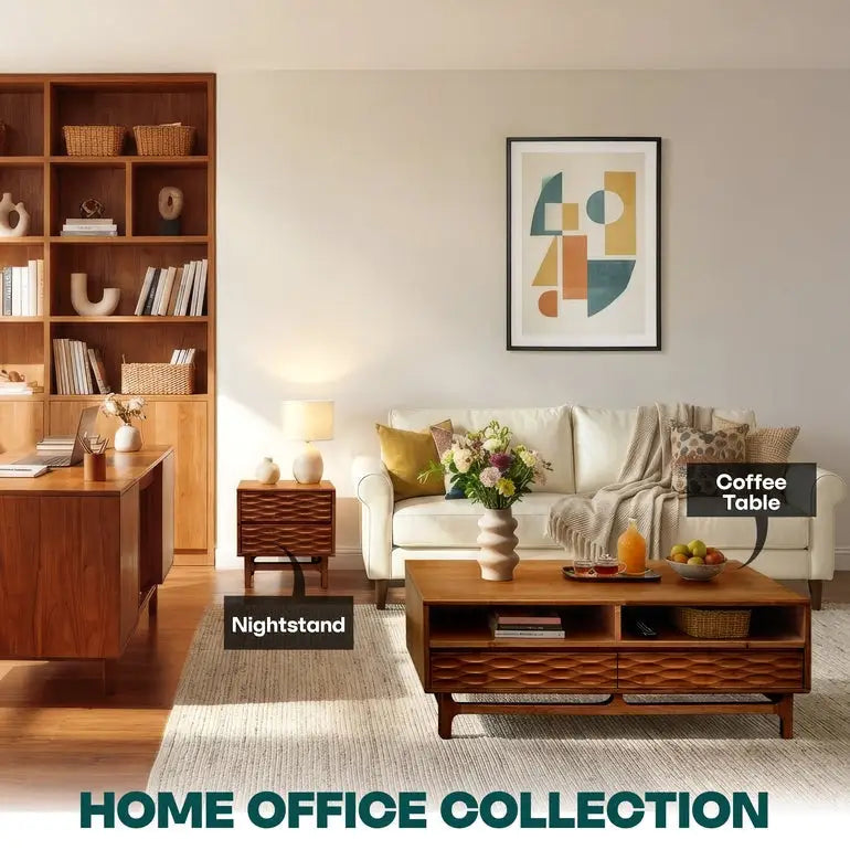 Coffee Table with Drawers & Open Storage - Acacia 48” Rectangular - Megsu