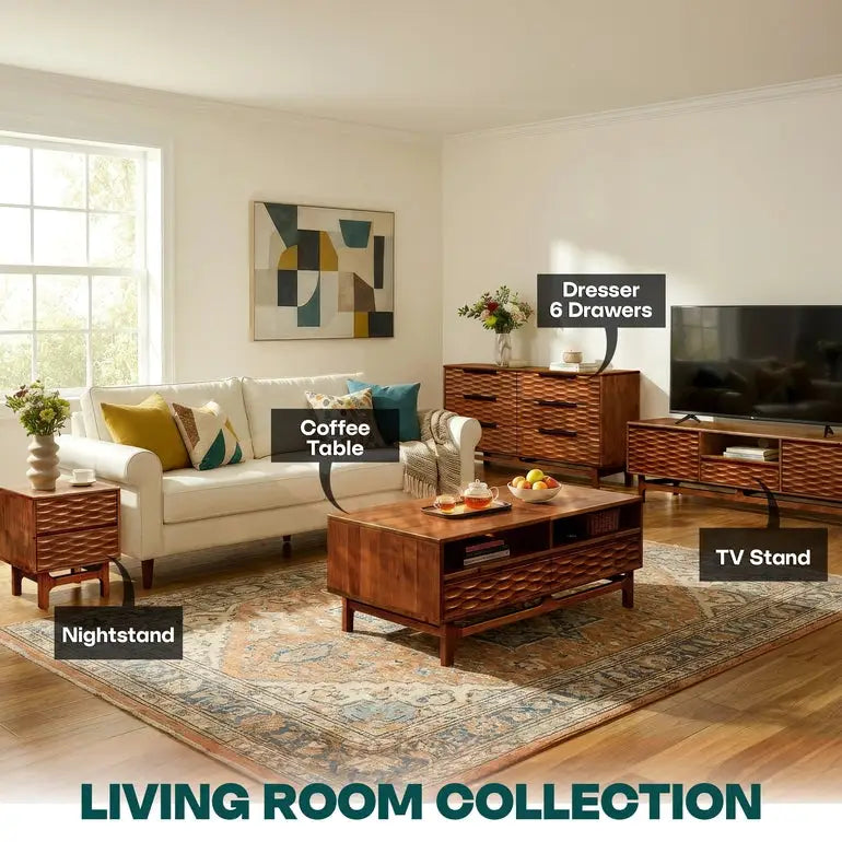 Coffee Table with Drawers & Open Storage - Acacia 48” Rectangular - Megsu