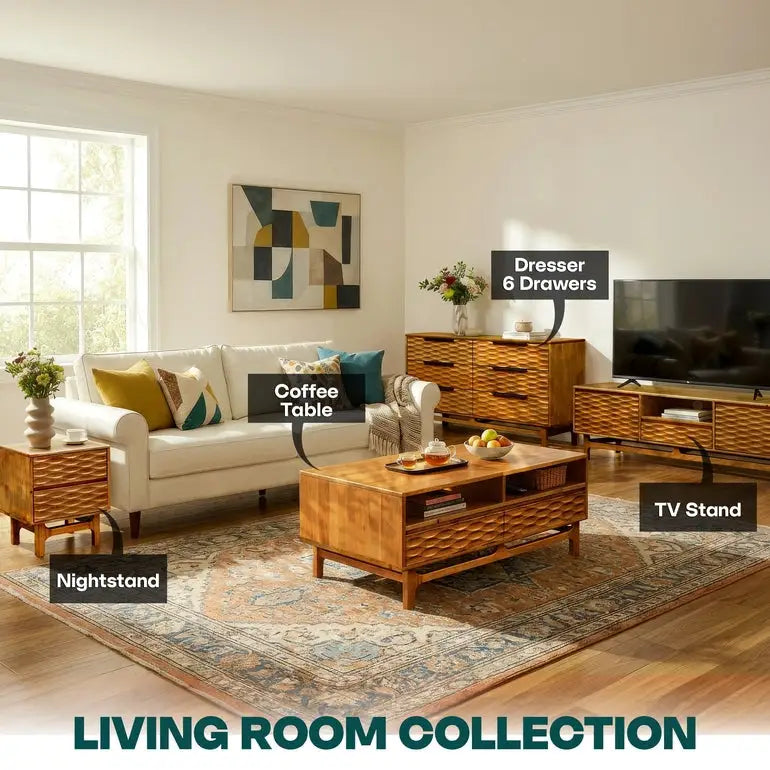 Coffee Table with Drawers & Open Storage - Acacia 48” Rectangular - Megsu
