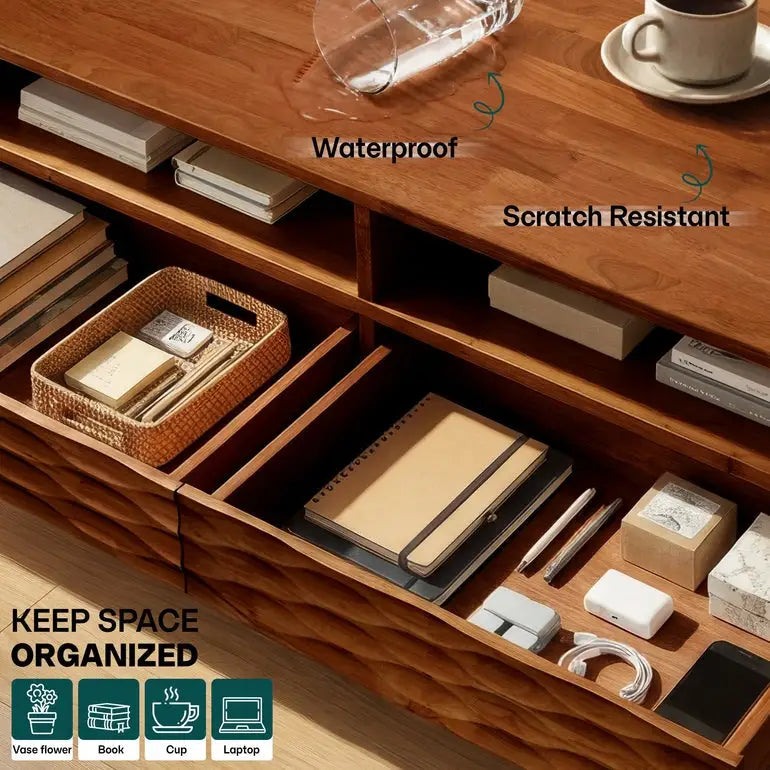Coffee Table with Drawers & Open Storage - Acacia 48” Rectangular - Megsu