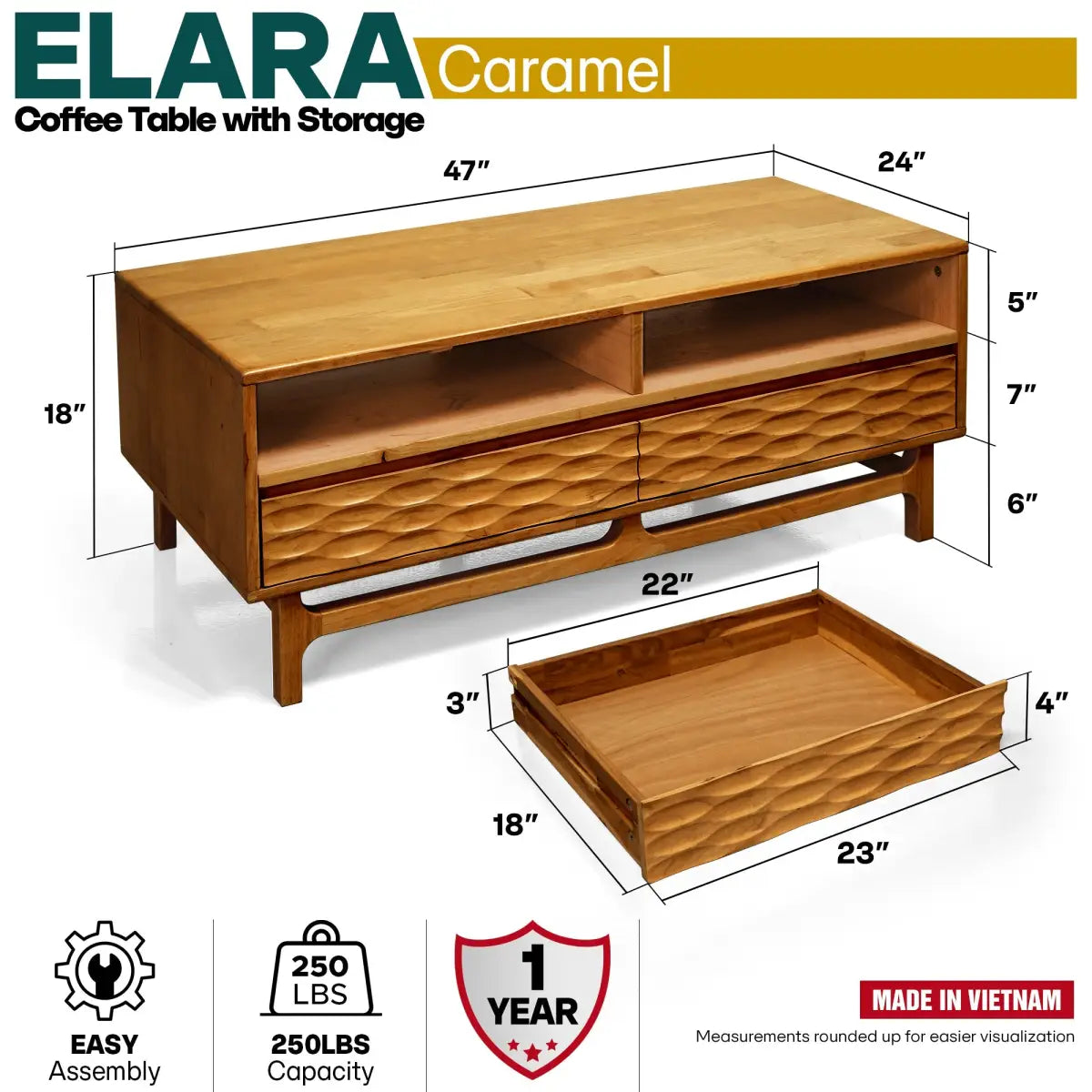 Coffee Table with Drawers & Open Storage - Acacia 48” Rectangular - Megsu