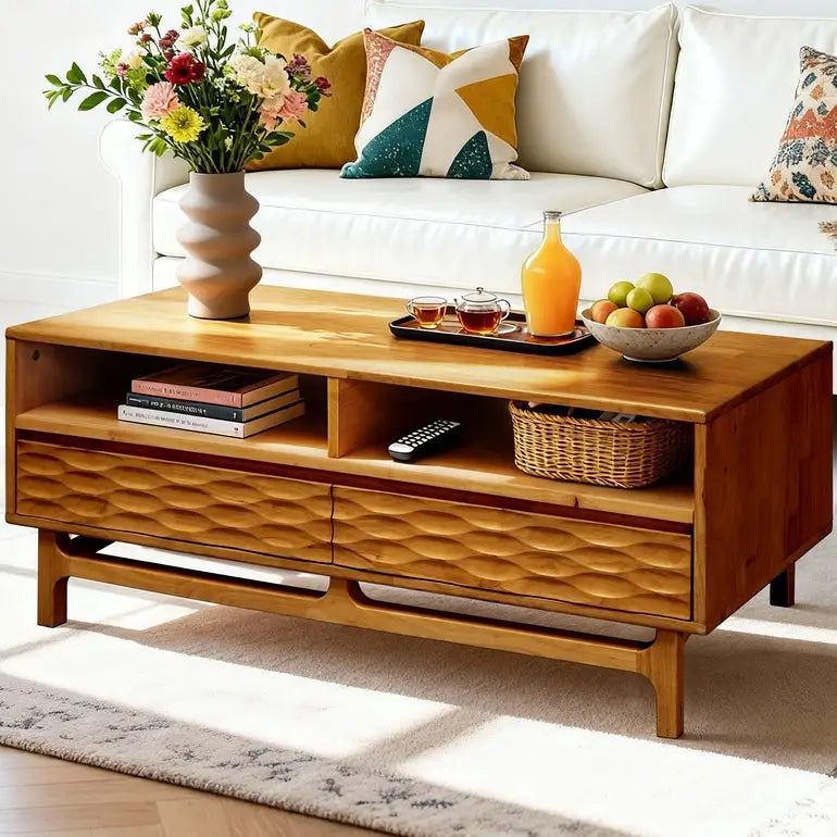 Coffee Table with Drawers & Open Storage - Acacia 48” Rectangular - Caramel - Megsu