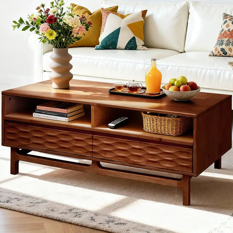 Coffee Table with Drawers & Open Storage - Acacia 48” Rectangular - Walnut - Megsu