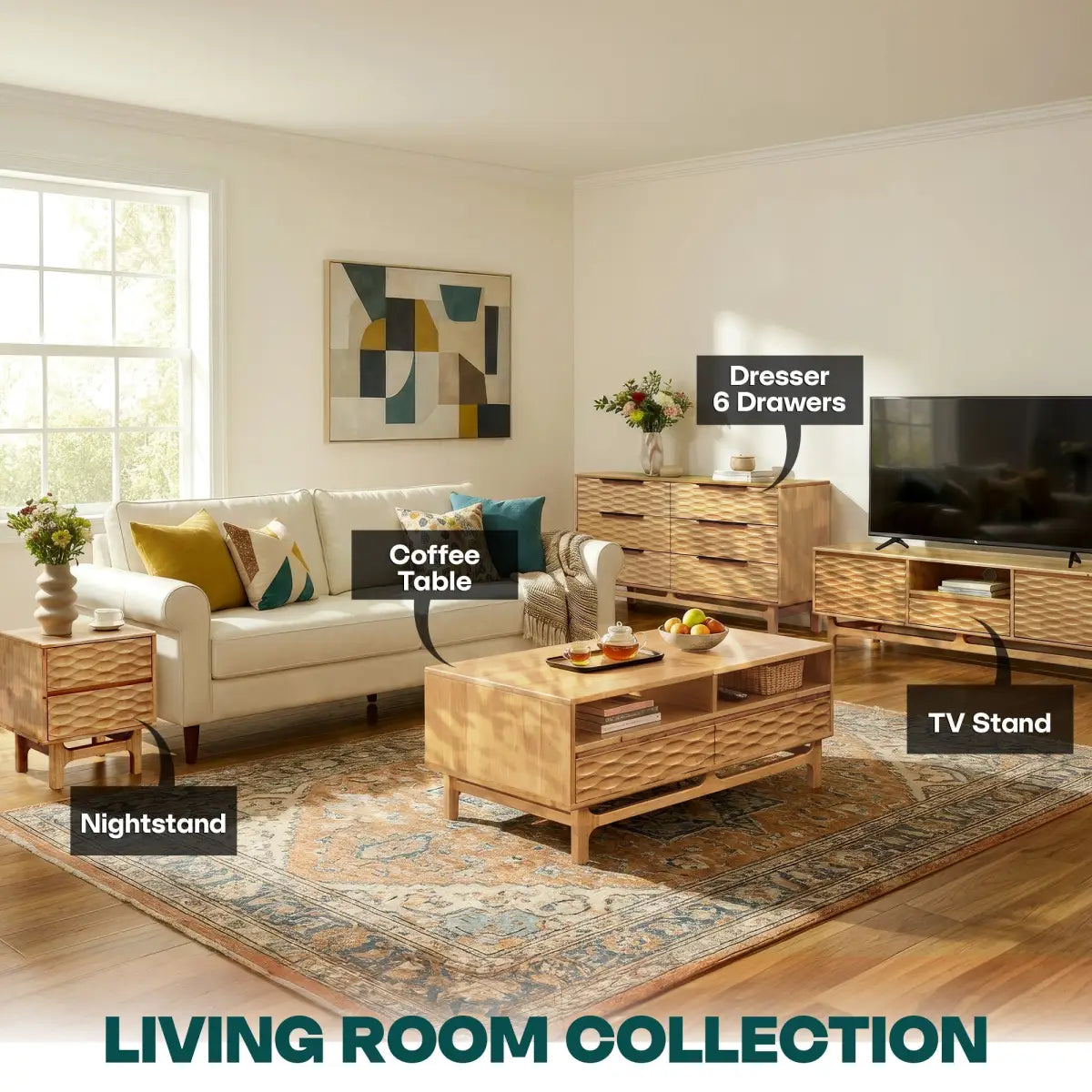 Coffee Table with Drawers & Open Storage - Acacia 48” Rectangular - Megsu