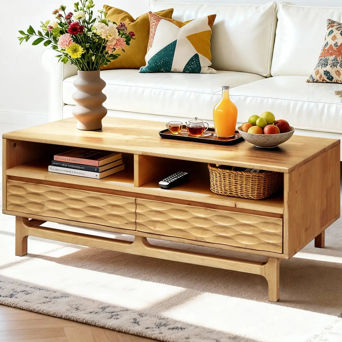 Coffee Table with Drawers & Open Storage - Acacia 48” Rectangular - Oak - Megsu