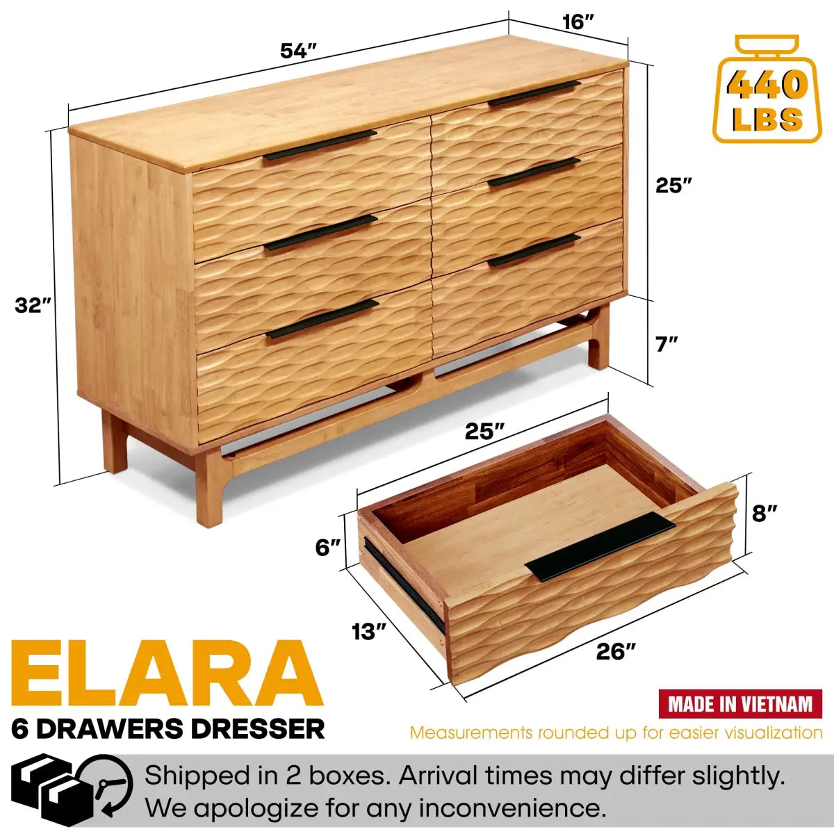 Dresser with 6 Drawers - Acacia - for Stylish Storage Solutions - Megsu