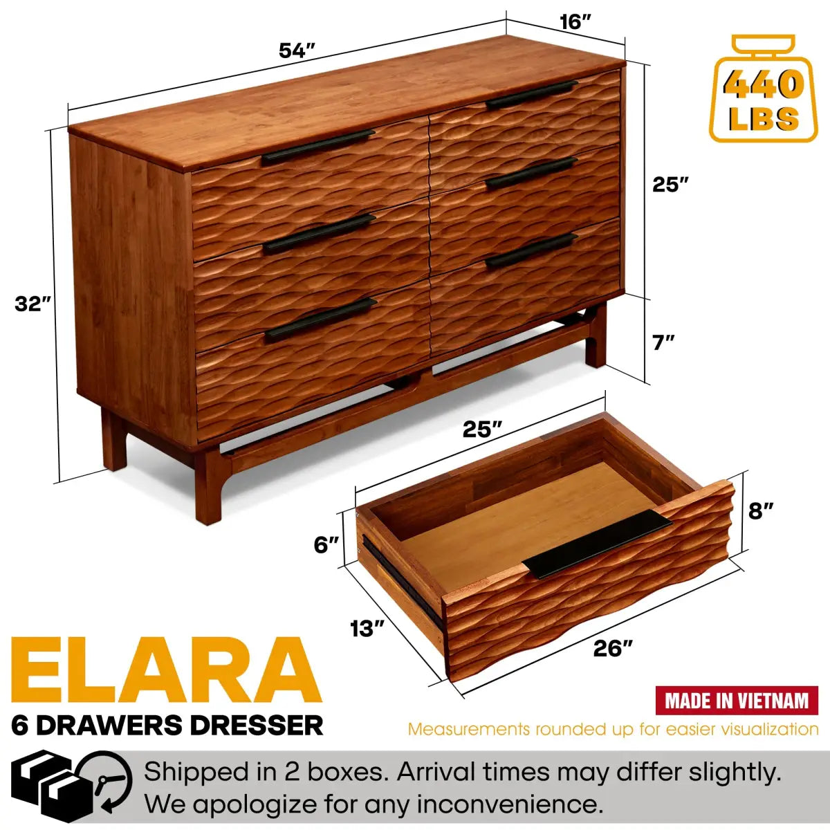 Dresser with 6 Drawers - Acacia - for Stylish Storage Solutions - Megsu