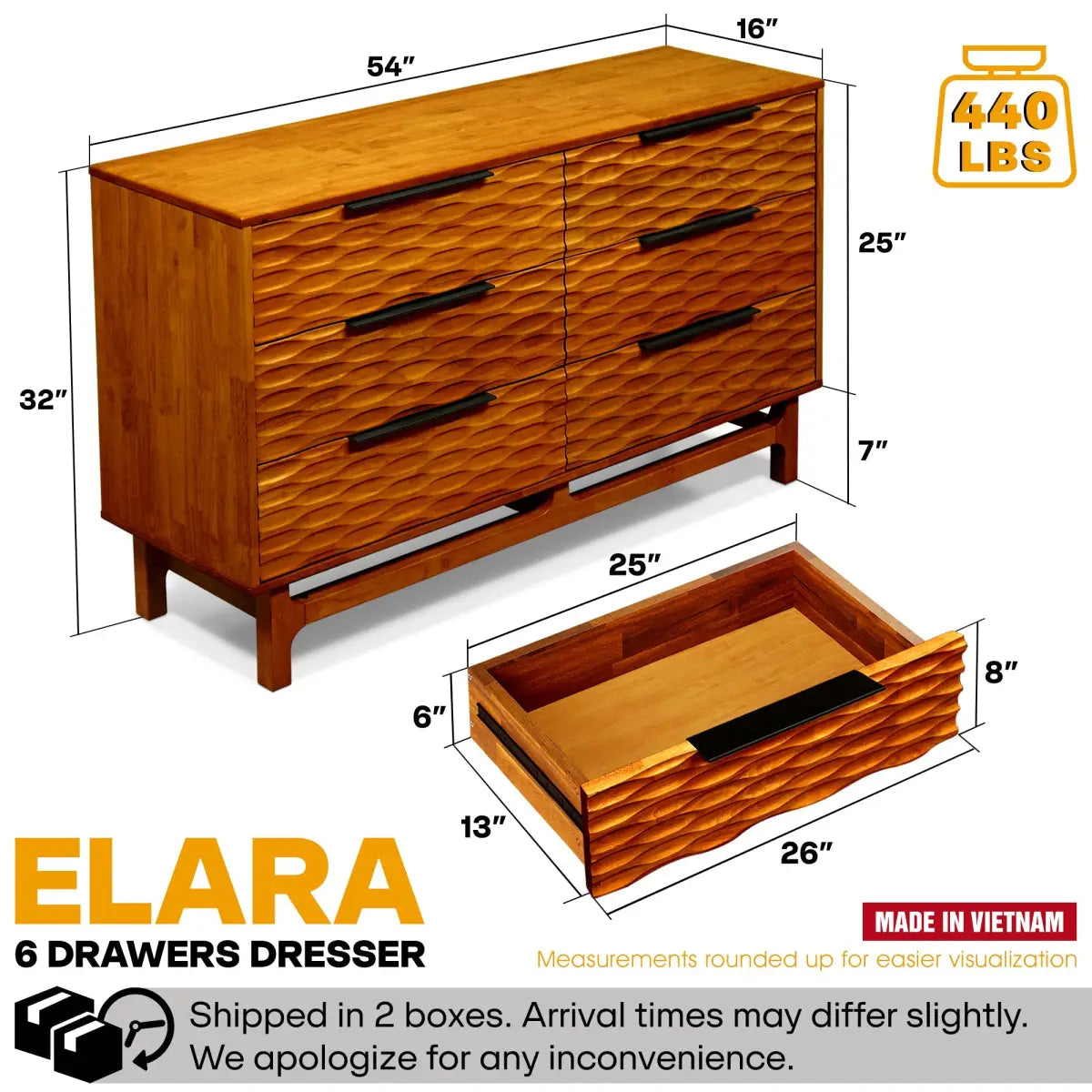 Dresser with 6 Drawers - Acacia - for Stylish Storage Solutions - Megsu