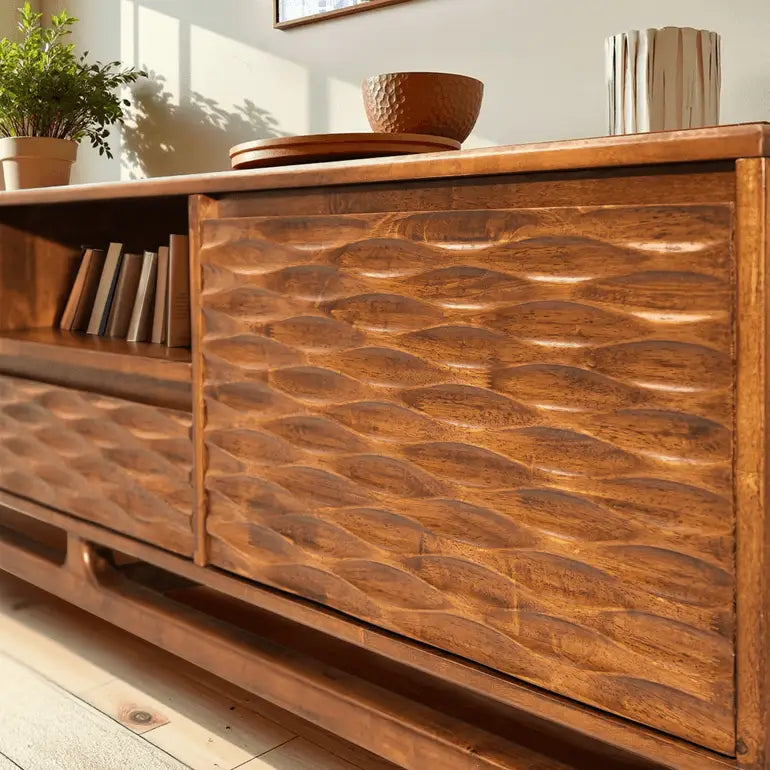 TV Stand - Acacia Solid Wood - Storage and Cable Management - TV up to 80’’ - Megsu