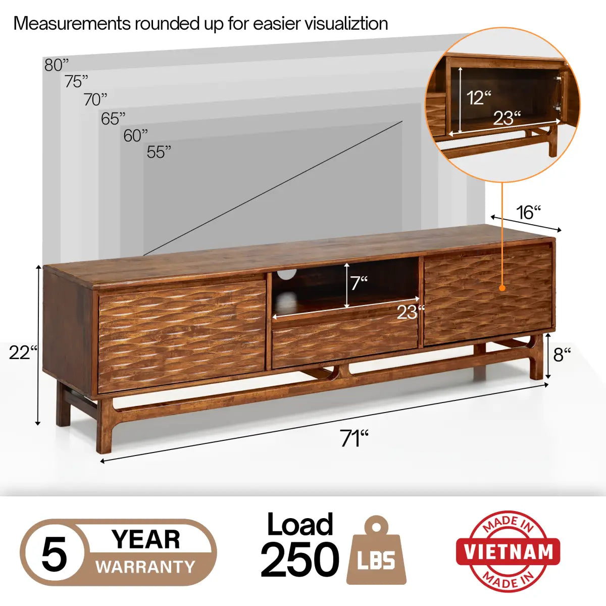 TV Stand - Acacia Solid Wood - Storage and Cable Management - TV up to 80’’ - Megsu