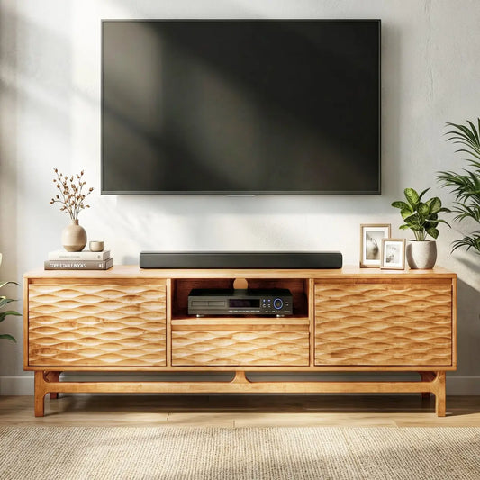 TV Stand - Acacia Solid Wood - Storage and Cable Management - TV up to 80’’ - Natural Oak - Megsu