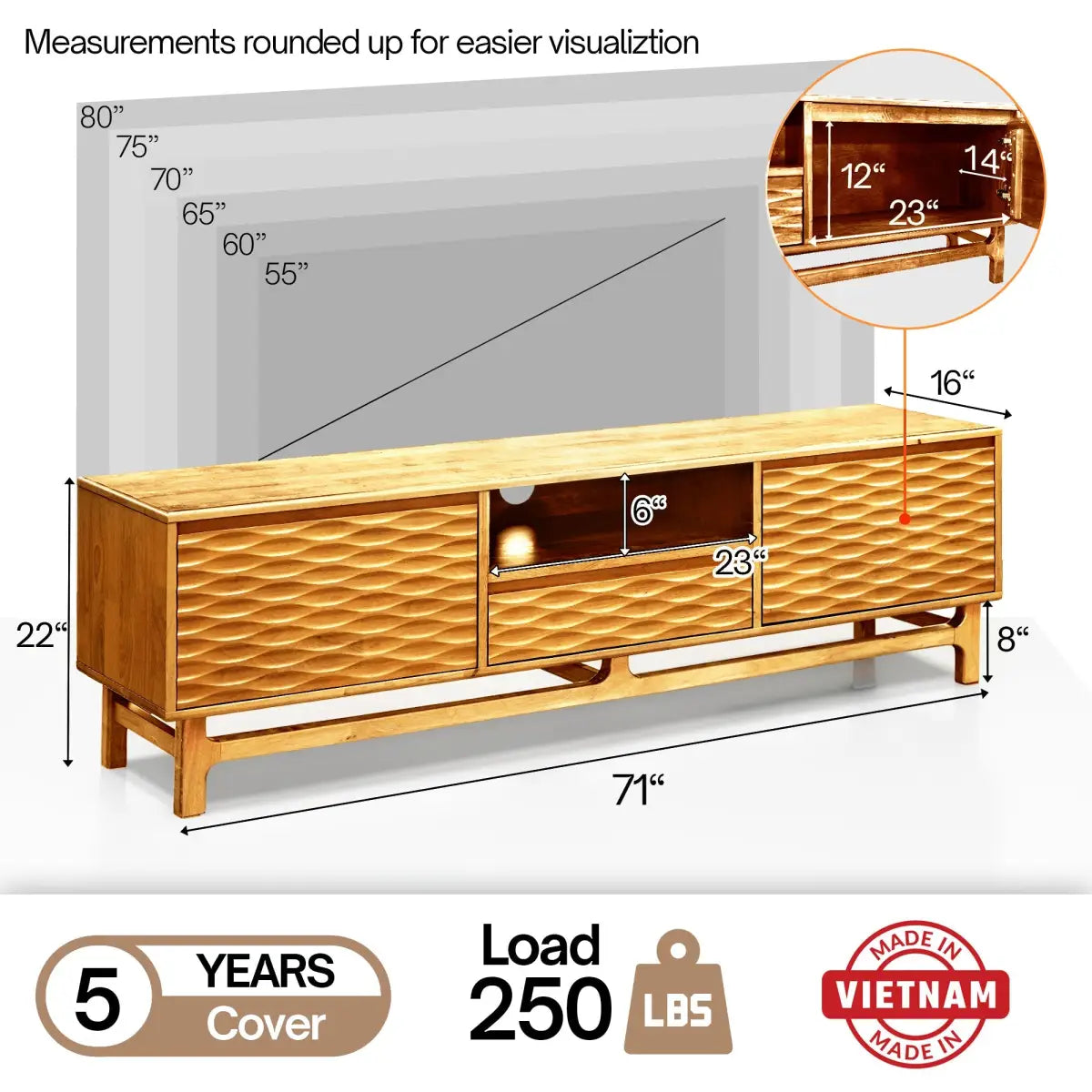 TV Stand - Acacia Solid Wood - Storage and Cable Management - TV up to 80’’ - Megsu