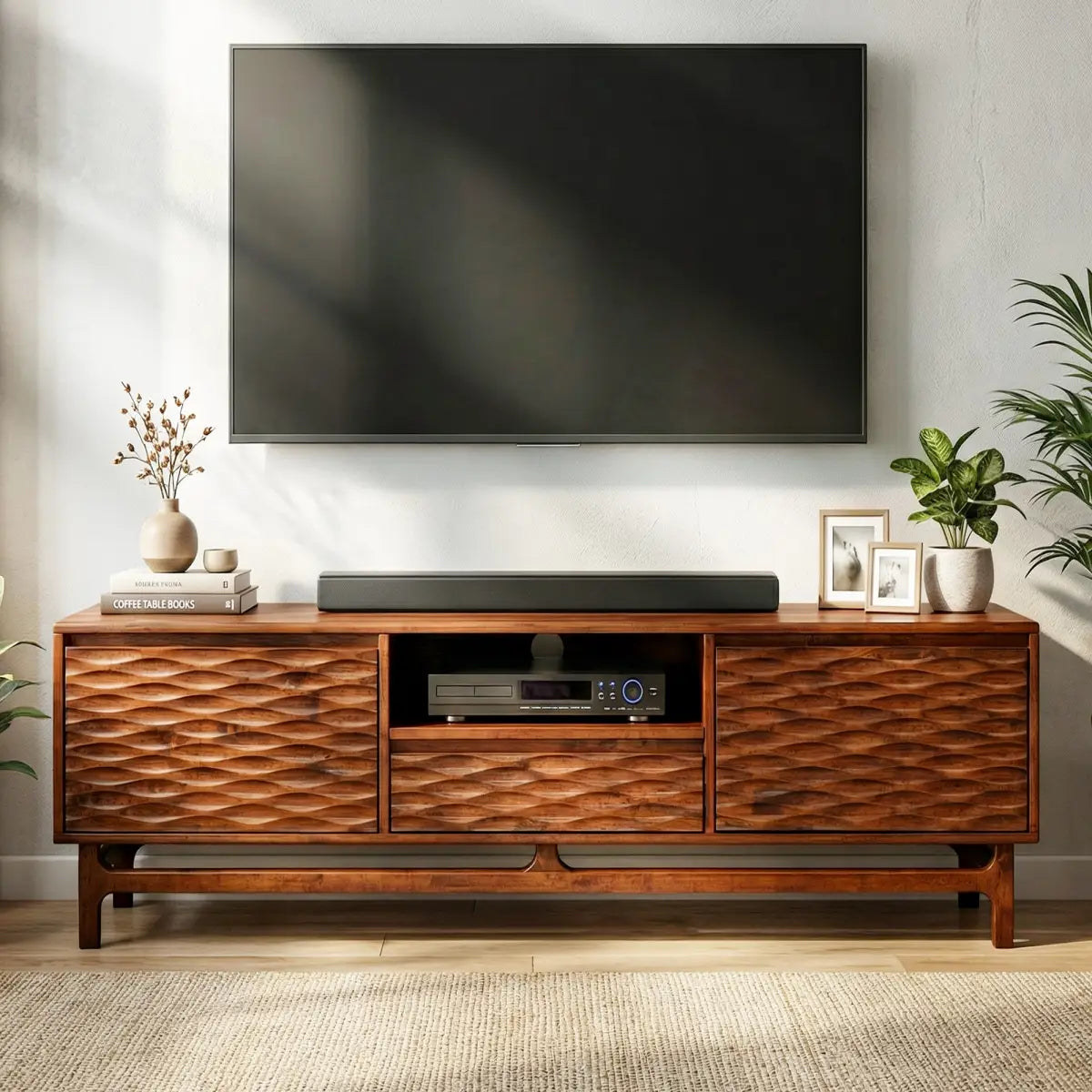 TV Stand - Acacia Solid Wood - Storage and Cable Management - TV up to 80’’ - Walnut - Megsu