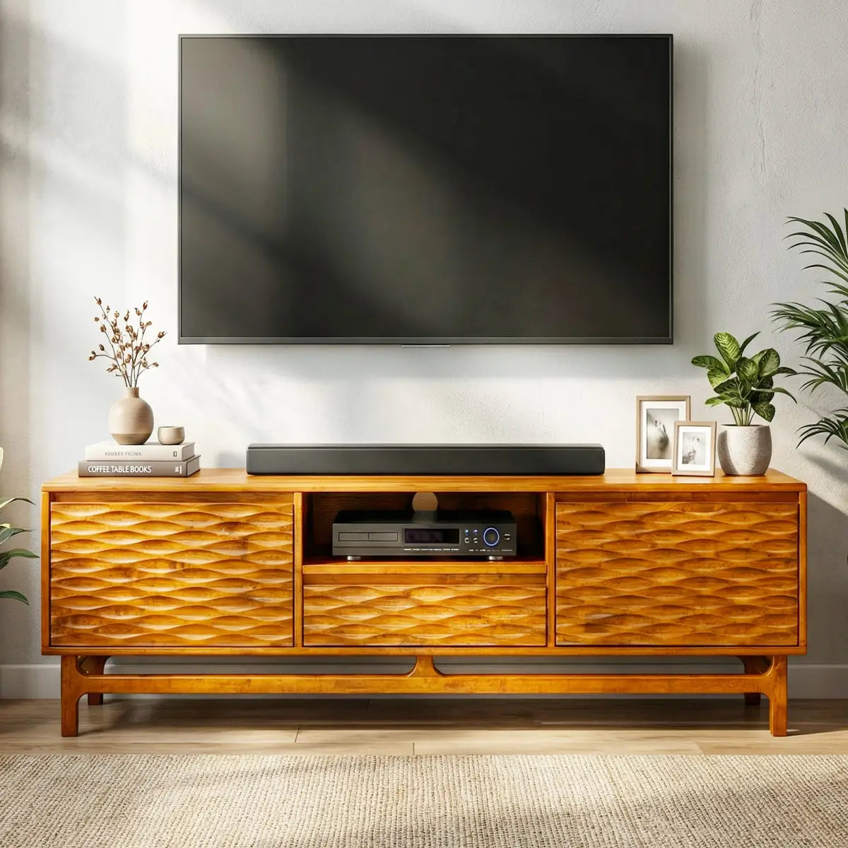TV Stand - Acacia Solid Wood - Storage and Cable Management - TV up to 80’’ - Caramel - Megsu