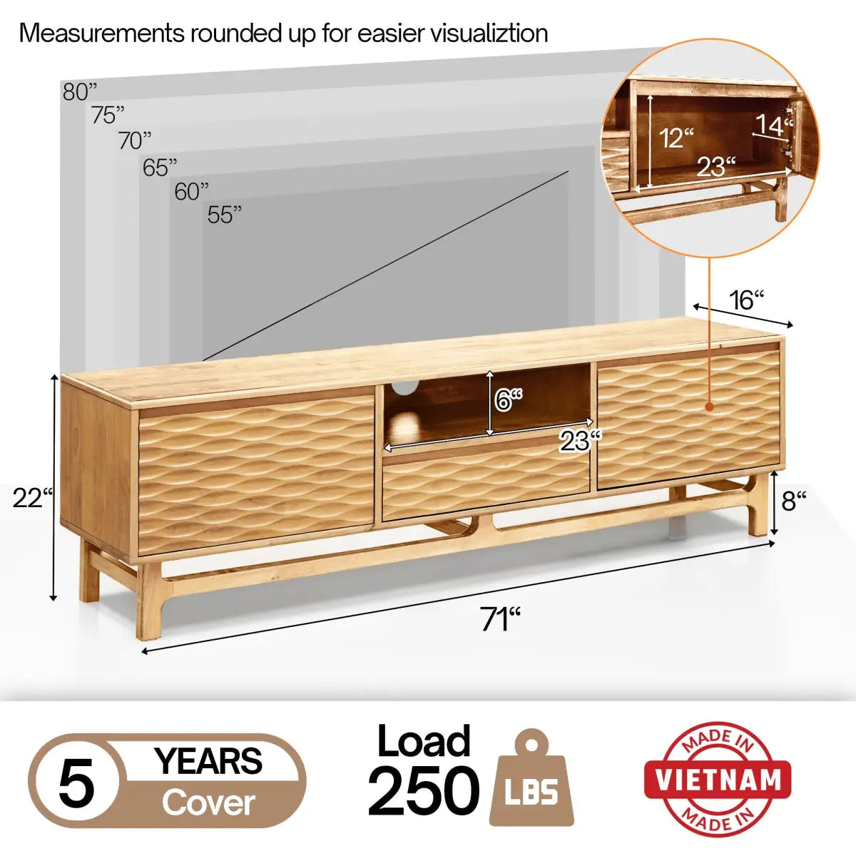 TV Stand - Acacia Solid Wood - Storage and Cable Management - TV up to 80’’ - Megsu