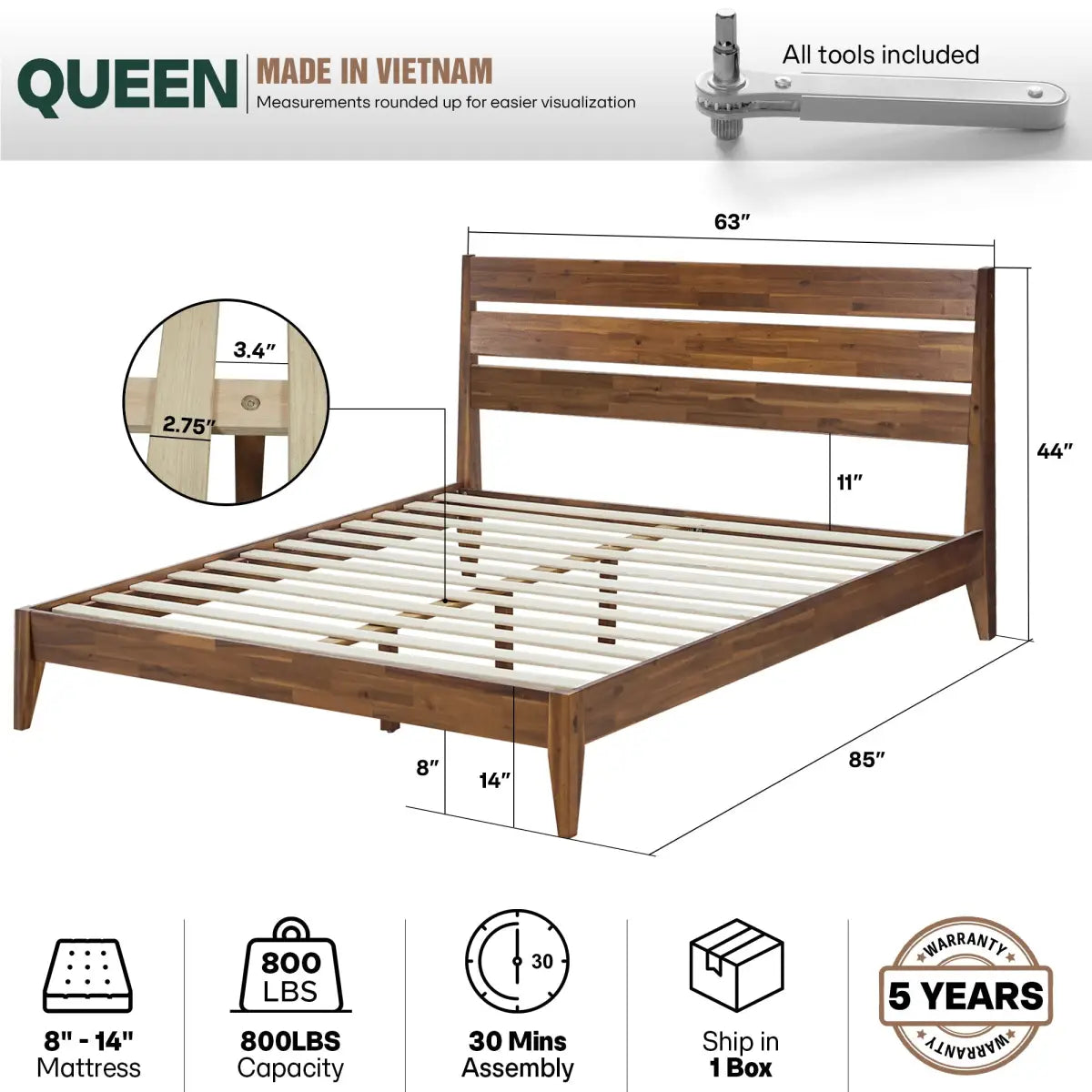 Solid Wood Bed Frame - Acacia - Stylish and Durable for Your Bedroom - Megsu