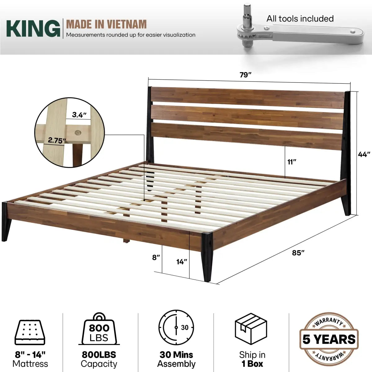 Solid Wood Bed Frame - Acacia - Stylish and Durable for Your Bedroom - Megsu