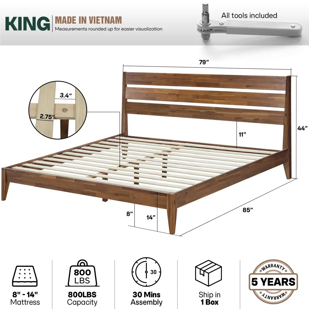 Solid Wood Bed Frame - Acacia - Stylish and Durable for Your Bedroom - Megsu
