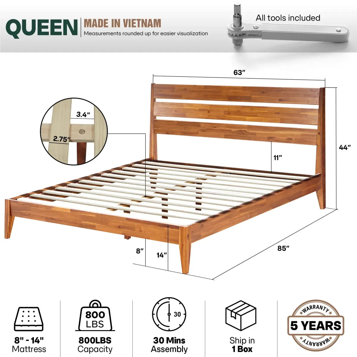 Solid Wood Bed Frame - Acacia - Stylish and Durable for Your Bedroom - Megsu