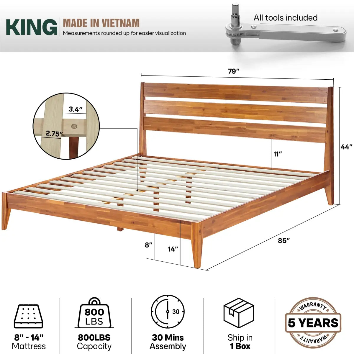 Solid Wood Bed Frame - Acacia - Stylish and Durable for Your Bedroom - Megsu