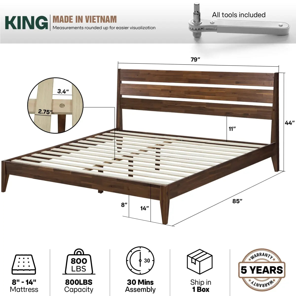 Solid Wood Bed Frame - Acacia - Stylish and Durable for Your Bedroom - Megsu