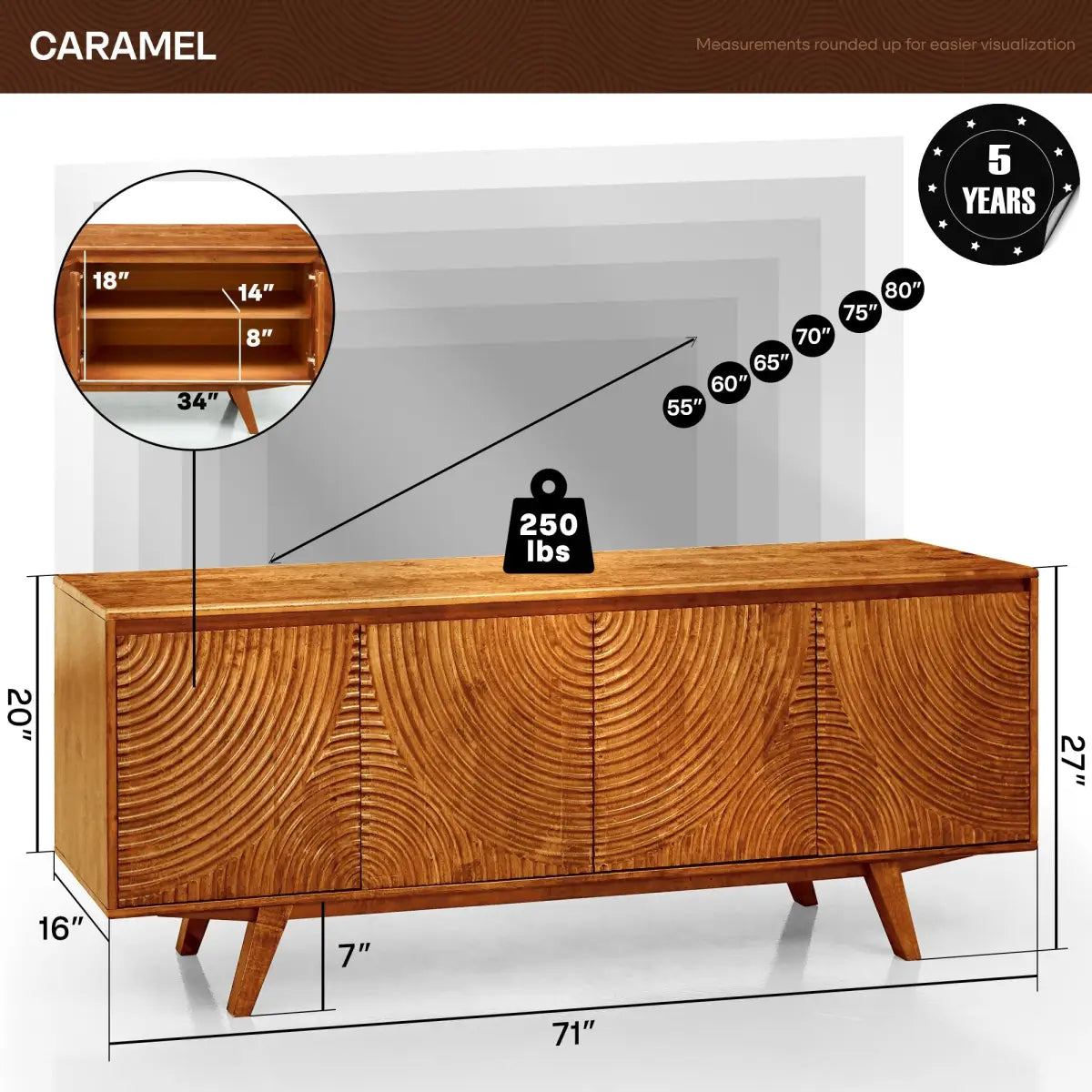 TV Stand with Storage - Acacia Wood - TV up to 80 Inches - Megsu