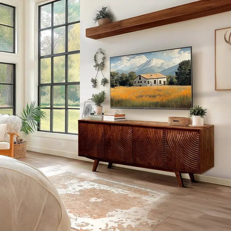TV Stand with Storage - Acacia Wood - TV up to 80 Inches - Megsu