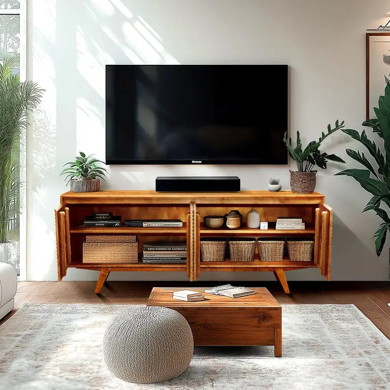 TV Stand with Storage - Acacia Wood - TV up to 80 Inches - Megsu