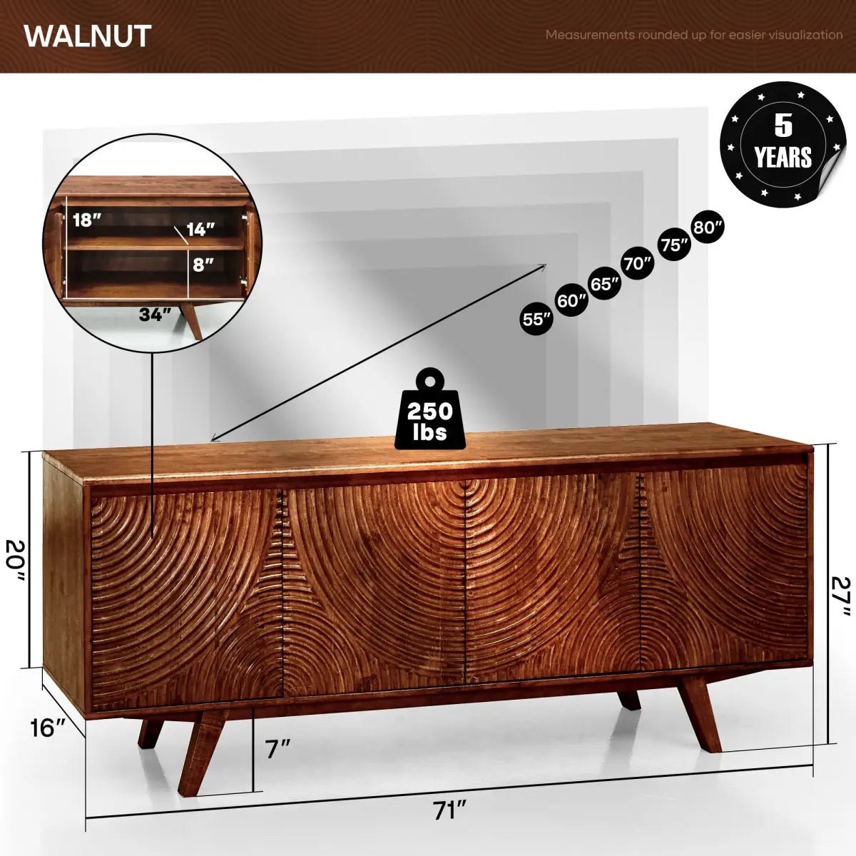TV Stand with Storage - Acacia Wood - TV up to 80 Inches - Megsu
