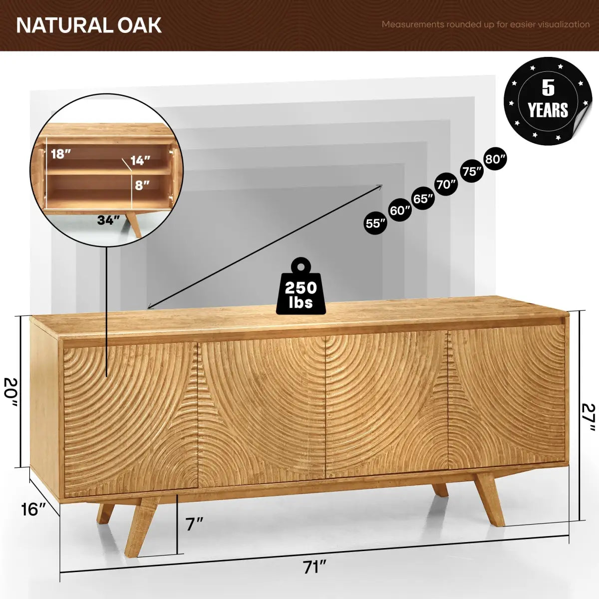 TV Stand with Storage - Acacia Wood - TV up to 80 Inches - Megsu