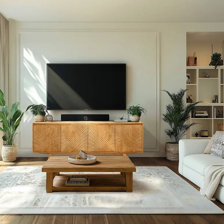 TV Stand with Storage - Acacia Wood - TV up to 80 Inches - Megsu