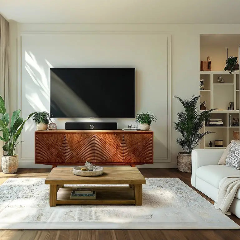 TV Stand with Storage - Acacia Wood - TV up to 80 Inches - Megsu