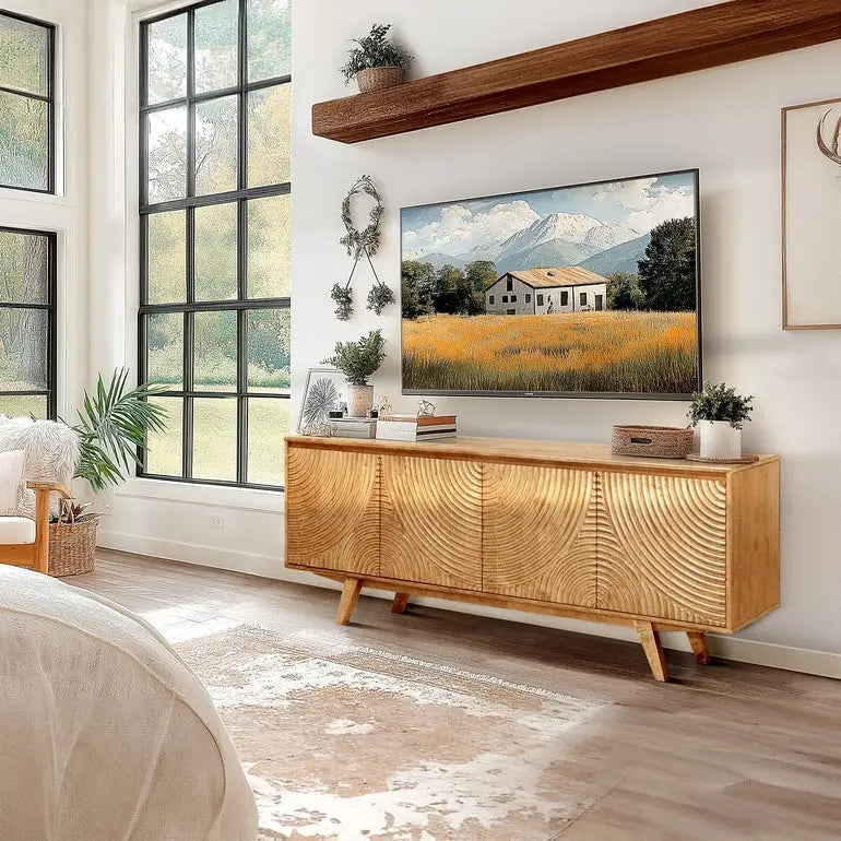 TV Stand with Storage - Acacia Wood - TV up to 80 Inches - Megsu