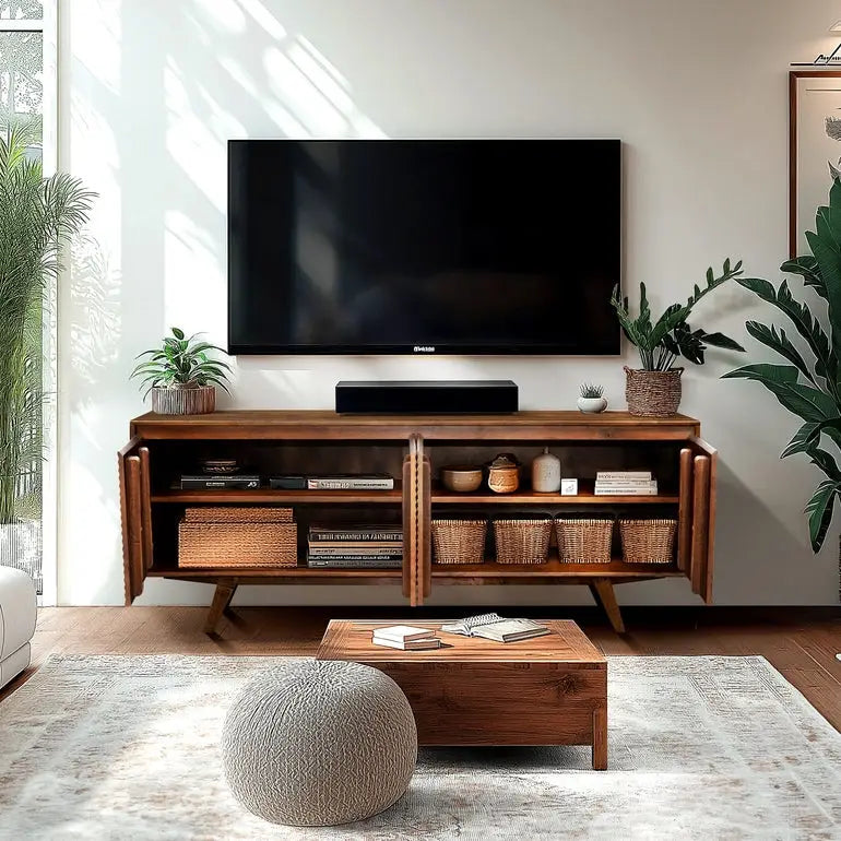 TV Stand with Storage - Acacia Wood - TV up to 80 Inches - Megsu