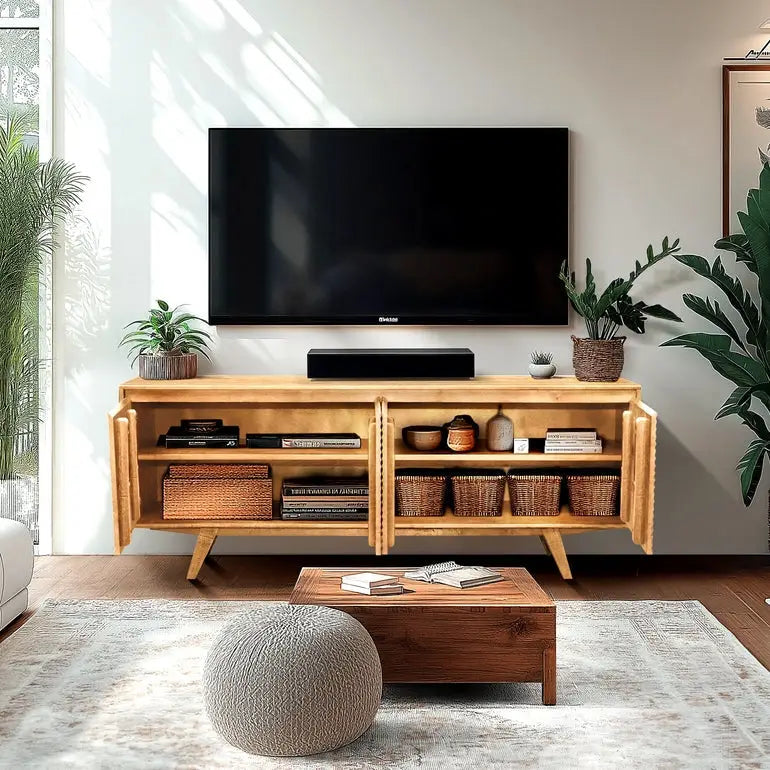 TV Stand with Storage - Acacia Wood - TV up to 80 Inches - Megsu