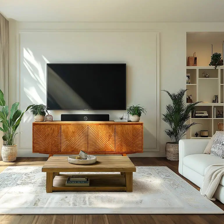 TV Stand with Storage - Acacia Wood - TV up to 80 Inches - Megsu