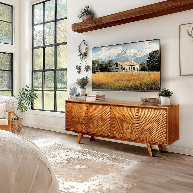 TV Stand with Storage - Acacia Wood - TV up to 80 Inches - Megsu