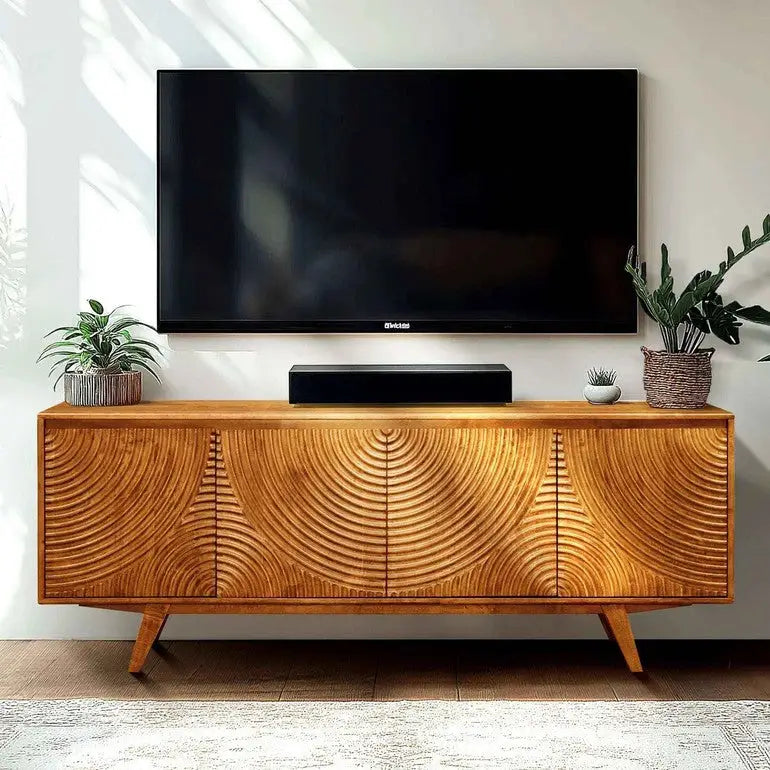 TV Stand with Storage - Acacia Wood - TV up to 80 Inches - Caramel - Megsu