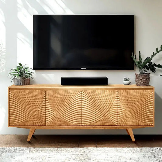 TV Stand with Storage - Acacia Wood - TV up to 80 Inches - Natural Oak - Megsu