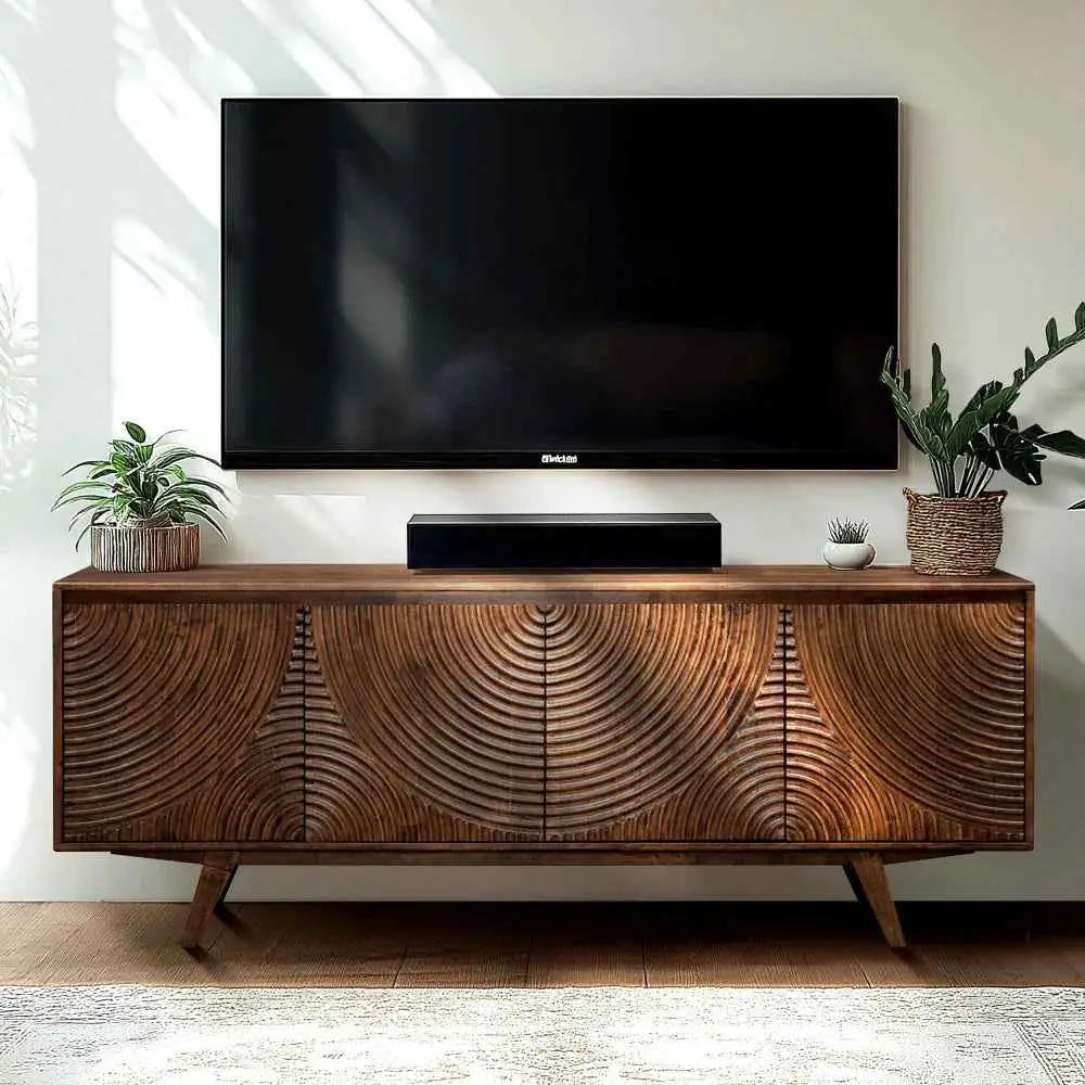 TV Stand with Storage - Acacia Wood - TV up to 80 Inches - Walnut - Megsu