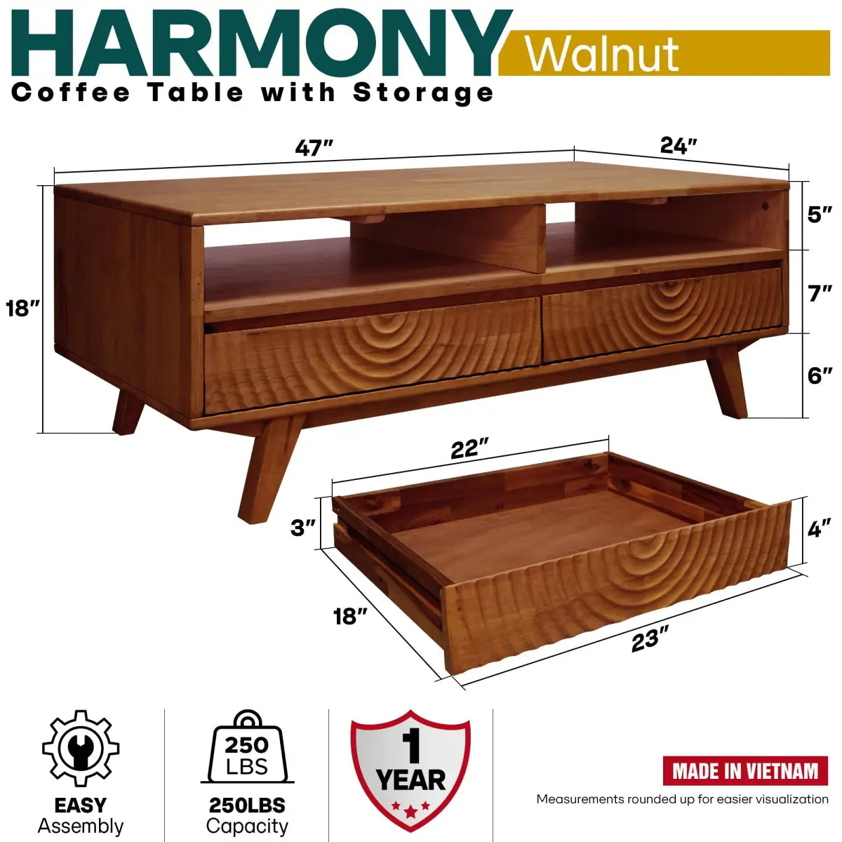Coffee Table with Drawers & Open Storage - Acacia Wood - Megsu