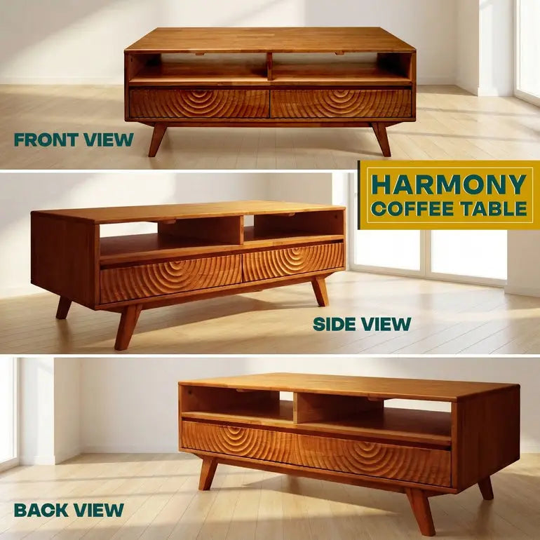Coffee Table with Drawers & Open Storage - Acacia Wood - Megsu