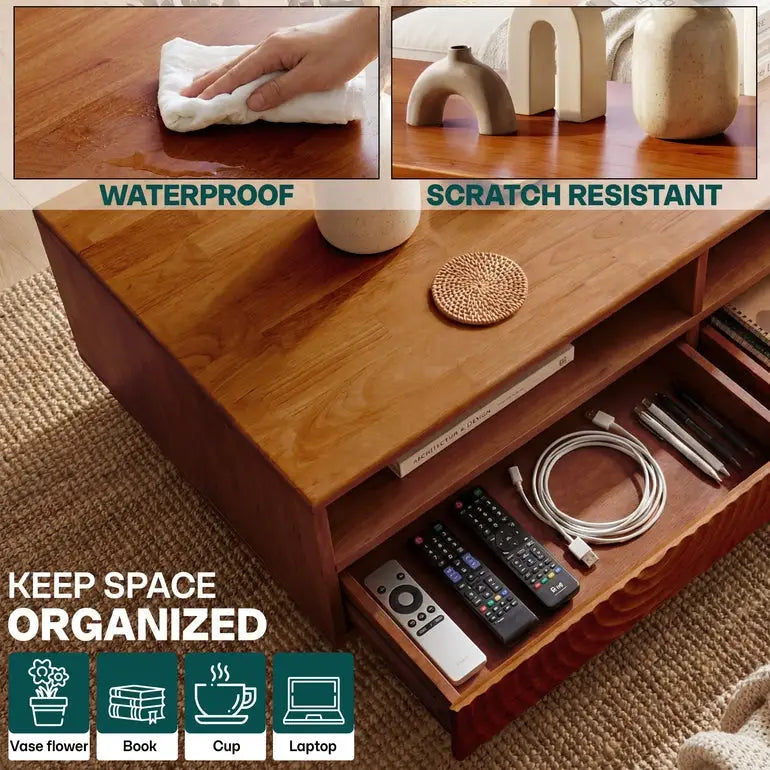Coffee Table with Drawers & Open Storage - Acacia Wood - Megsu