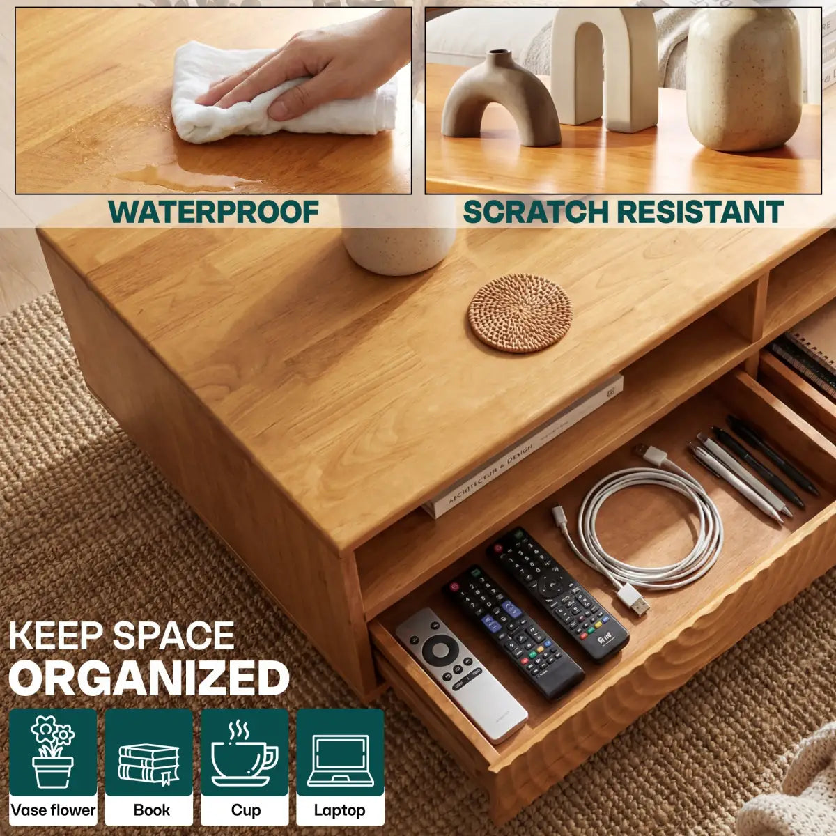 Coffee Table with Drawers & Open Storage - Acacia Wood - Megsu